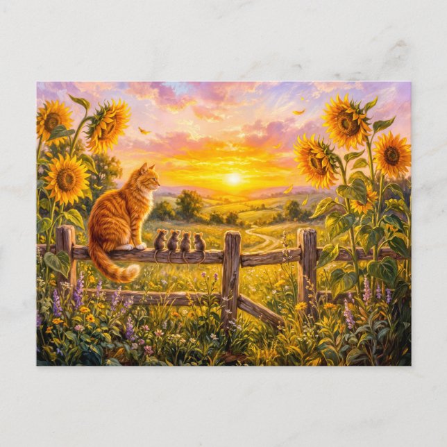Carte Postale Chat et Souris Coucher de Soleil sur une Clôture (Devant)