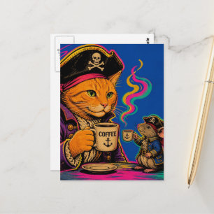 Carte Postale Chat et souris pirate adorable avec café