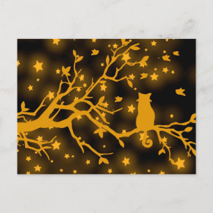 Carte Postale Chat étoilé de nuit sur une branche d'arbre
