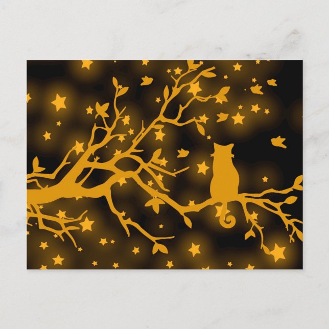 Carte Postale Chat étoilé de nuit sur une branche d'arbre (Devant)
