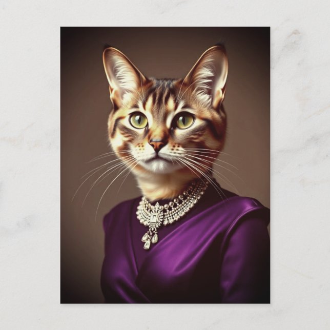 Carte Postale Chat fantaisie portant une robe violette (Devant)
