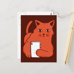 Carte Postale Chat Fantastique Adorable Avec un Téléphone Portab