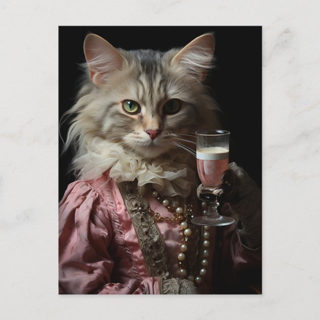 Carte Postale Chat Fluffy Adorable et Champagne Rose (Devant)