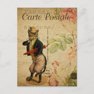 Carte Postale Chat français vintage avec monocle et parapluie