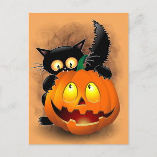 Carte Postale Chat Fun Halloween Caractère mordant un Citrouille