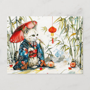 Carte Postale Chat Geisha blanc avec parapluie rouge dans Bamboo