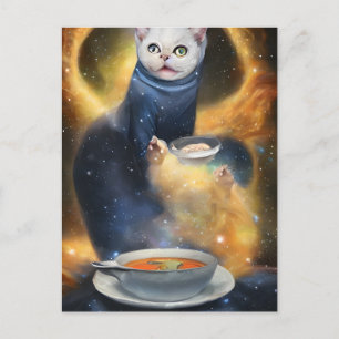 Carte Postale chat généreux dans l'espace manger soupe IA art