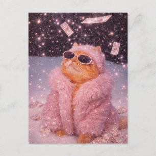 Carte Postale Chat Glam Money en manteau de fourrure rose et lun