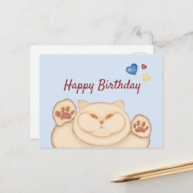 Carte Postale Chat gras Joyeux Anniversaire (Devant/Arrière en situation)