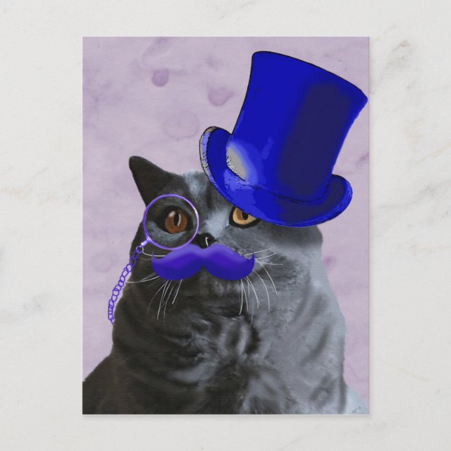 Carte Postale Chat gris avec chapeau bleu et moustache (Devant)