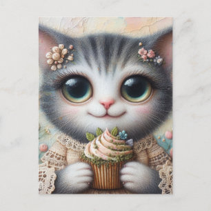 Carte Postale Chat Gris Avec un Cupcake