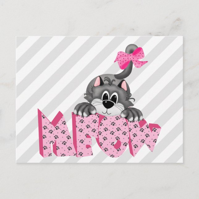 Carte Postale Chat gris et miow rose (Devant)
