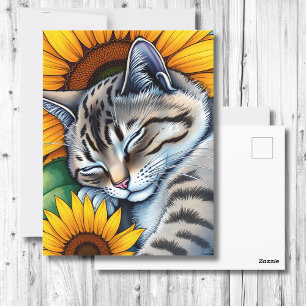 Carte Postale Chat gris et tournesol doux Napping