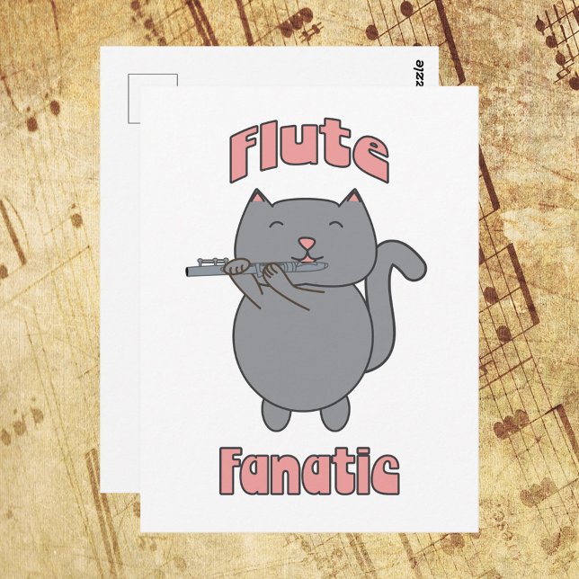 Carte Postale Chat gris fanatique de la flûte rose  (A postcard featuring a gray cat playing the flute with the words Flute Fanatic in pink.)