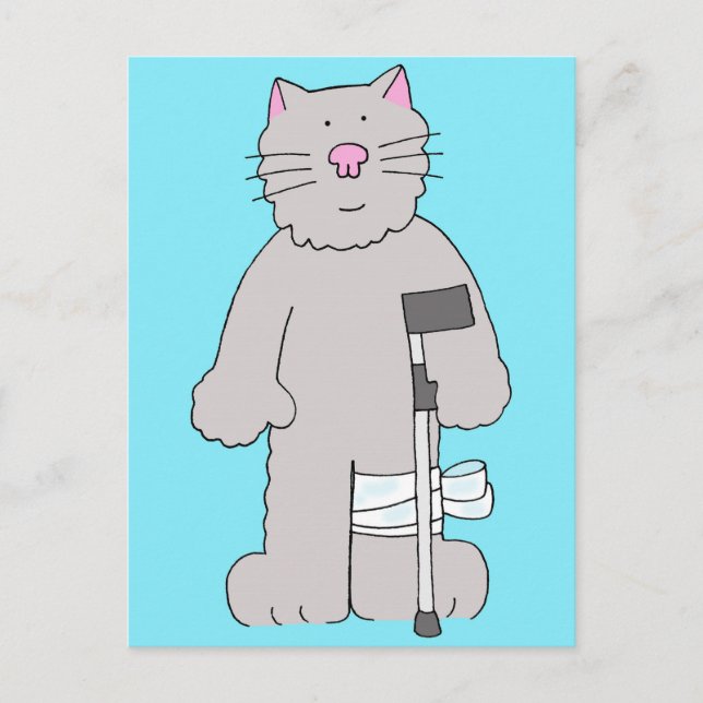 Carte Postale Chat gris sur Crutch Knee Chirurgie récupération (Devant)
