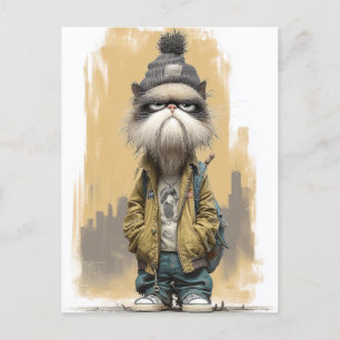 Carte Postale Chat grumpy dans les vêtements de rue