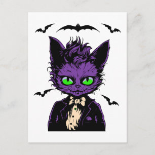 Carte Postale Chat Halloween violet avec chauves-souris