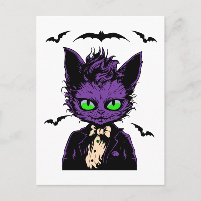 Carte Postale Chat Halloween violet avec chauves-souris (Devant)