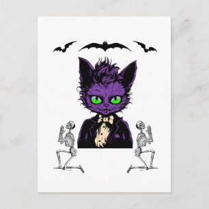 Carte Postale Chat Halloween violet avec chauves-souris et squel