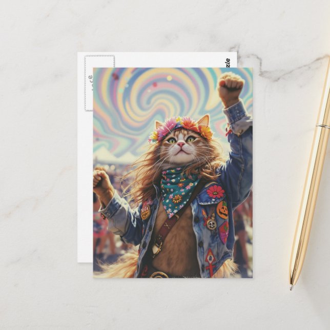 Carte Postale Chat Hippie (Devant/Arrière en situation)