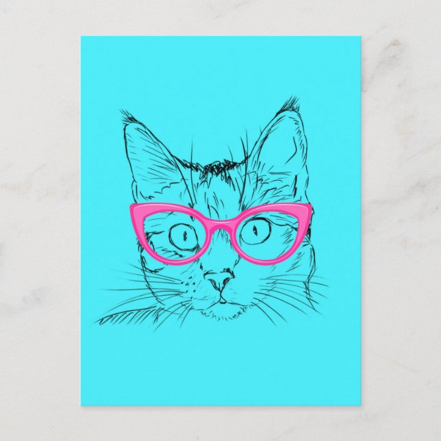 Carte Postale Chat Hipster bleu et rose (Devant)