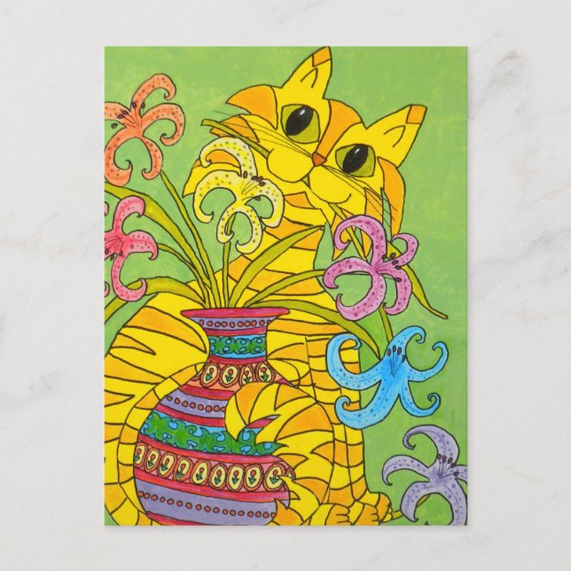 Carte Postale Chat jaune avec Vase de Lilies (Devant)