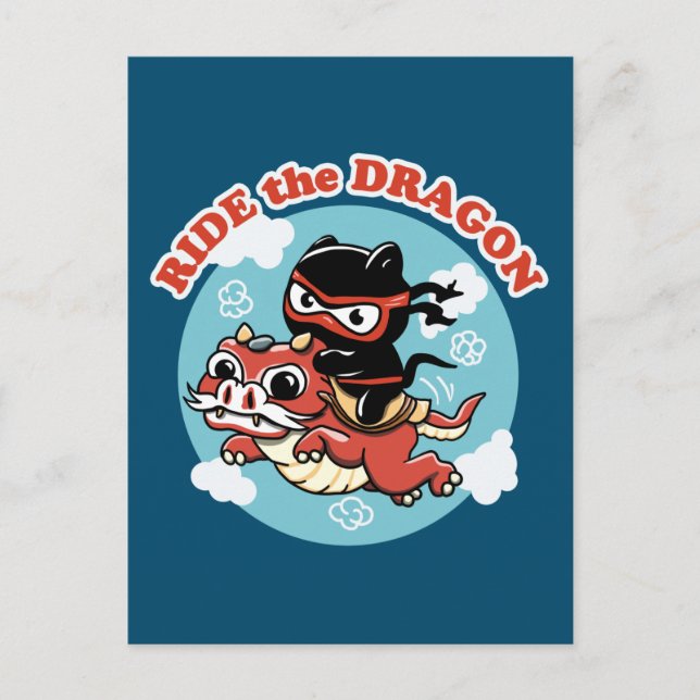 Carte Postale Chat Kawaii Ninja | Ride Le Dragon (Devant)