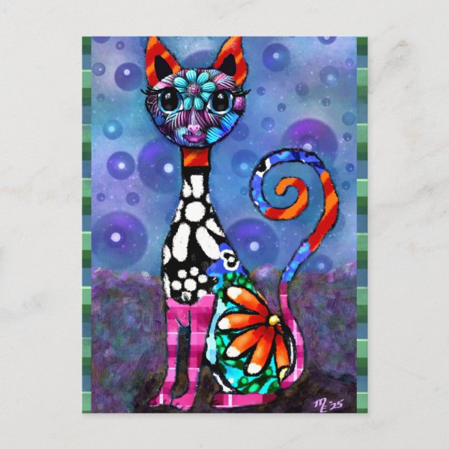 Carte Postale Chat Kitty Abstrait Funky aux Grands Yeux Fantaisi (Devant)
