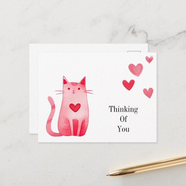 Carte Postale Chat Kitty coeurs roses pensant à vous (Devant/Arrière en situation)