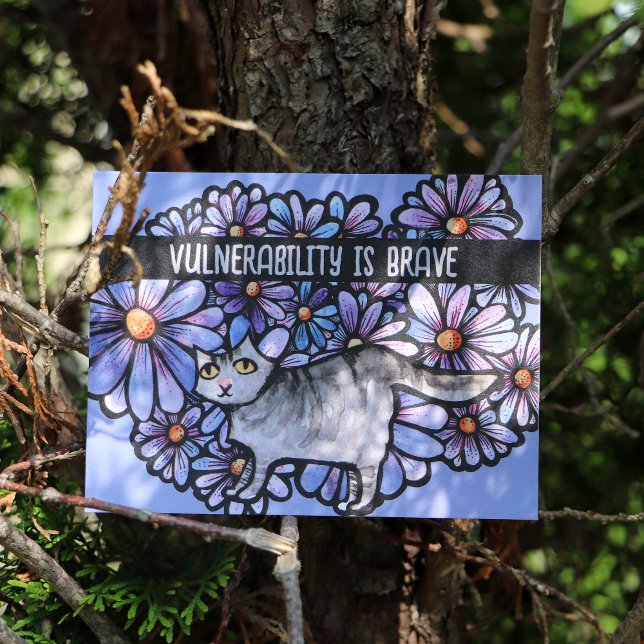 Carte Postale Chat Kitty Marguerites Violettes Art Chat Gris Cha (Créateur téléchargé)