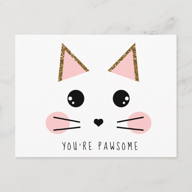 Carte Postale Chat Kitty Parties scintillant or (Devant)