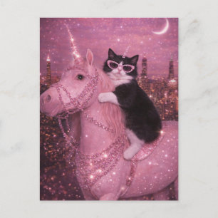 Carte Postale Chat Licorne Glamour sous la ville scintillante   