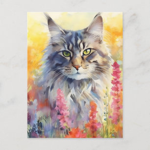 Carte Postale Chat Maine Coon aquarelle colorée