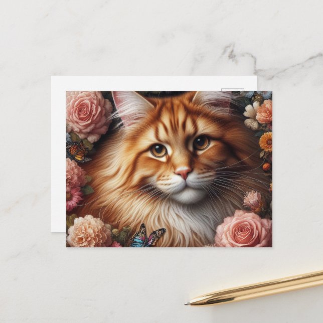 Carte Postale Chat Maine Coon avec des fleurs roses  (Devant/Arrière en situation)
