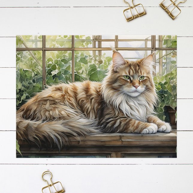 Carte Postale Chat Maine Coon dans un jardin intérieur cosy (Créateur téléchargé)