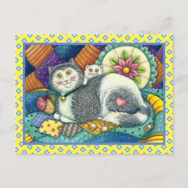 CARTE POSTALE CHAT MÈRE & CUISINE, QUILTS EN PATCHWORK, PINCUSHI (Devant)