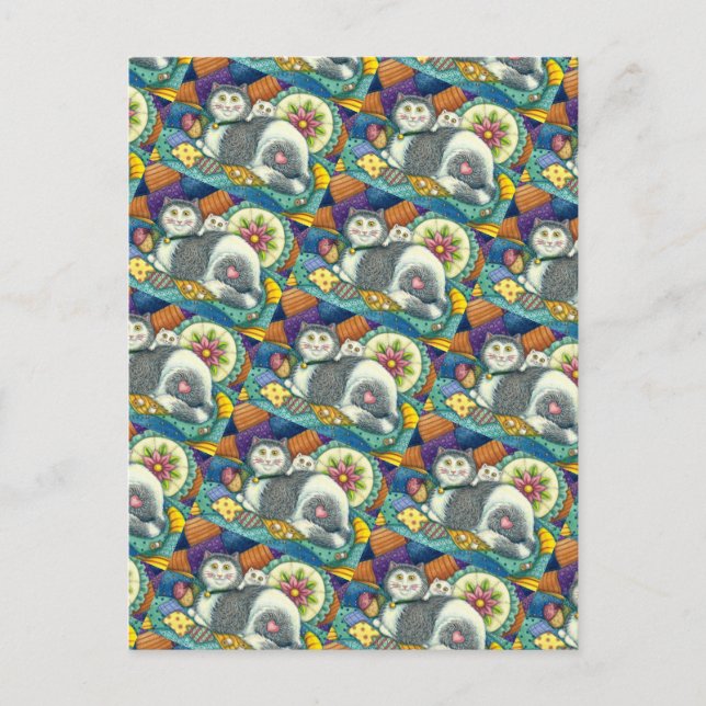 CARTE POSTALE CHAT MÈRE & CUISINE, QUILTS EN PATCHWORK, PINCUSHI (Devant)