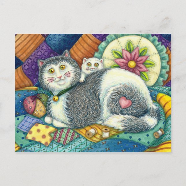 CARTE POSTALE CHAT MÈRE & CUISINE, QUILTS EN PATCHWORK, PINCUSHI (Devant)