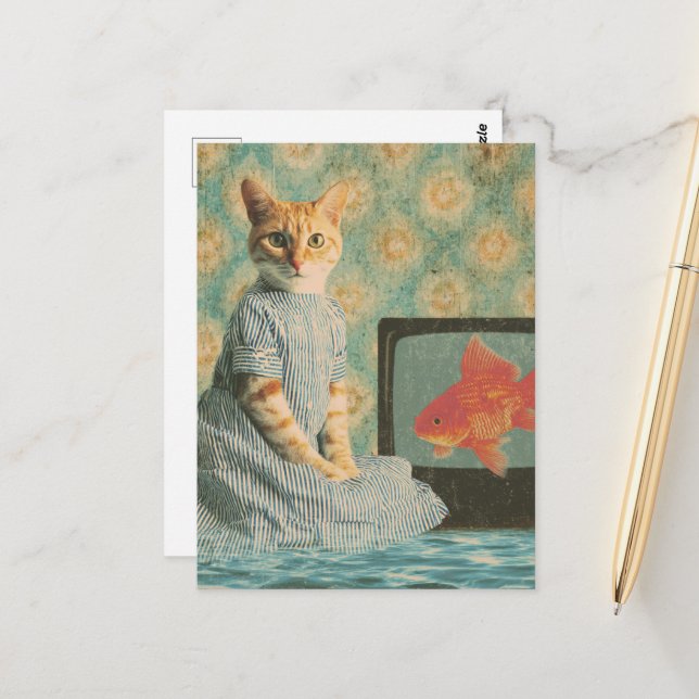 Carte Postale Chat mignon avec poisson rouge à la télévision Col (Devant/Arrière en situation)