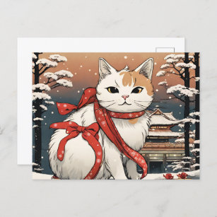 Carte Postale chat mignon avec temple japonais pour amoureux de 