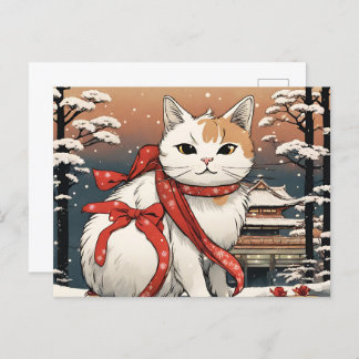 Carte Postale chat mignon avec temple japonais pour amoureux de