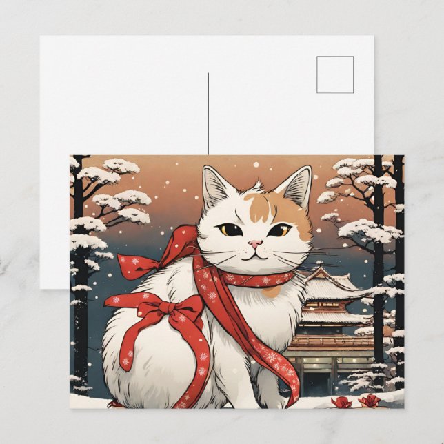 Carte Postale chat mignon avec temple japonais pour amoureux de  (Devant / Derrière)