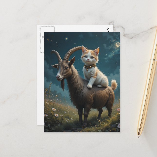 Carte Postale Chat mignon chevauchant une chèvre dans le champ F (Devant/Arrière en situation)