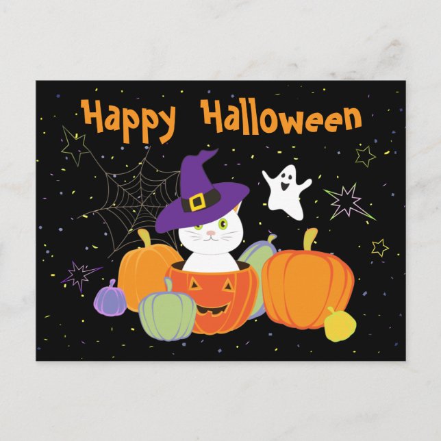 Carte Postale Chat mignon d'Halloween en Casquette sorcier (Devant)