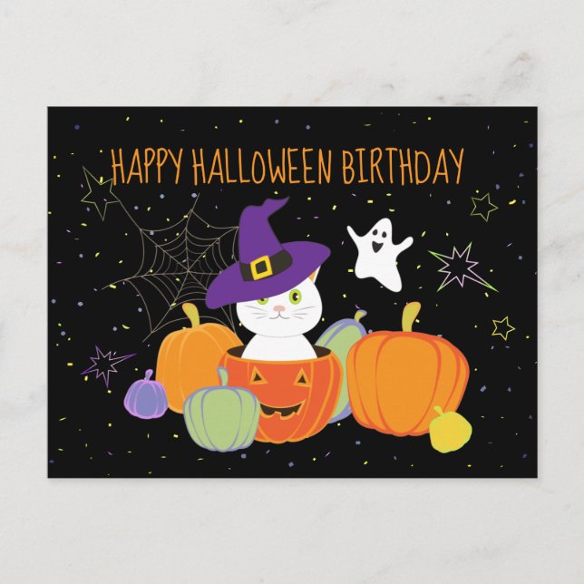 Carte Postale Chat mignon d'Halloween en Casquette sorcier (Devant)
