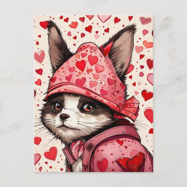 Carte Postale Chat mignon et coeurs rouges (Devant)