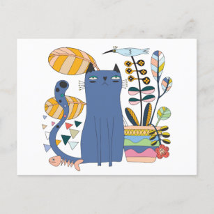 Carte postale "Chat mignon et oiseau" Semi brillan