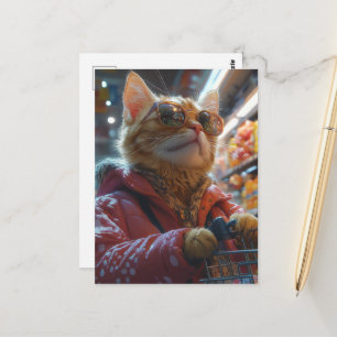 Carte Postale Chat mignon faisant des courses