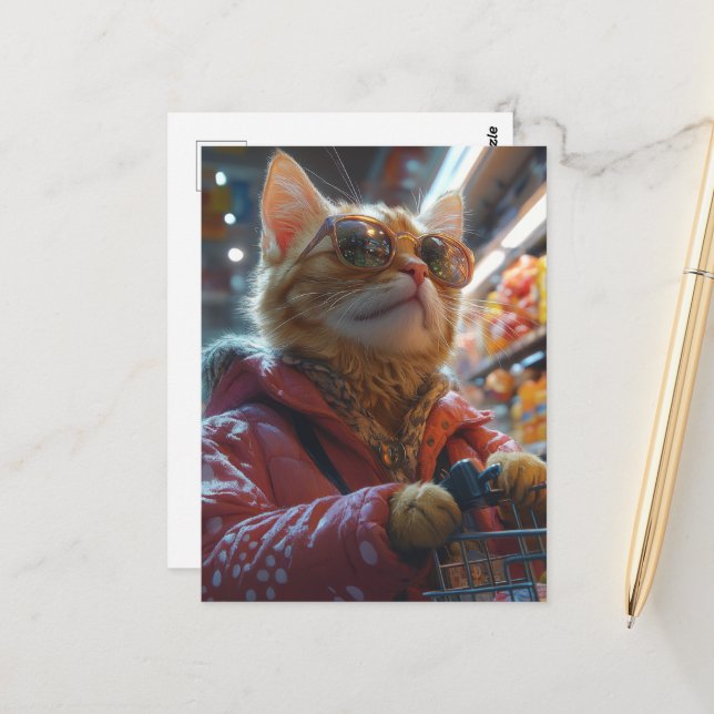 Carte Postale Chat mignon faisant des courses (Devant/Arrière en situation)