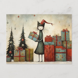 Carte Postale Chat mignon fantaisiste avec cadeaux et arbre de N